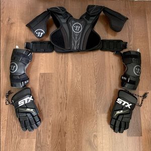 YOUTH SMALL LACROSSE GEAR, Burn shoulder and elbow pads, STX stallion gloves